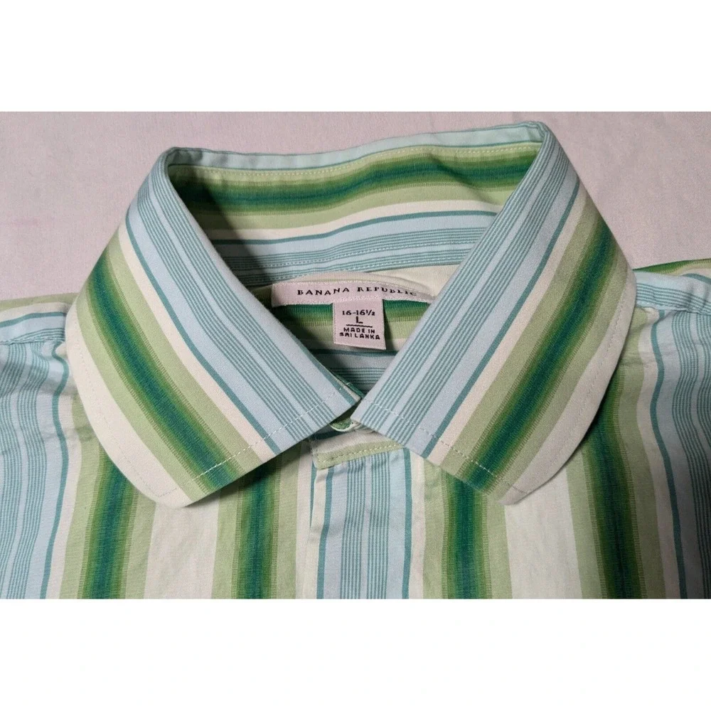 BANANA REPUBLIC Men 16-16.5‎ Large Green Striped French Cuff Cotton Dress Shirt
